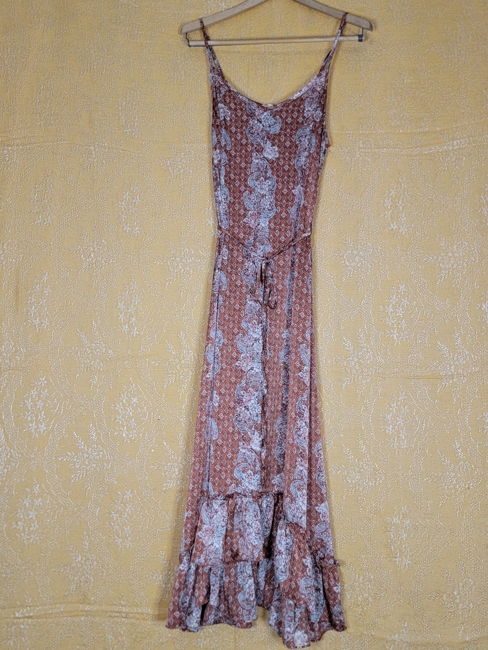 Mystree Boho Maxi Dress Medium | Rust Paisley Floral slip Dress Ruffle Hem - Picture 3 of 7